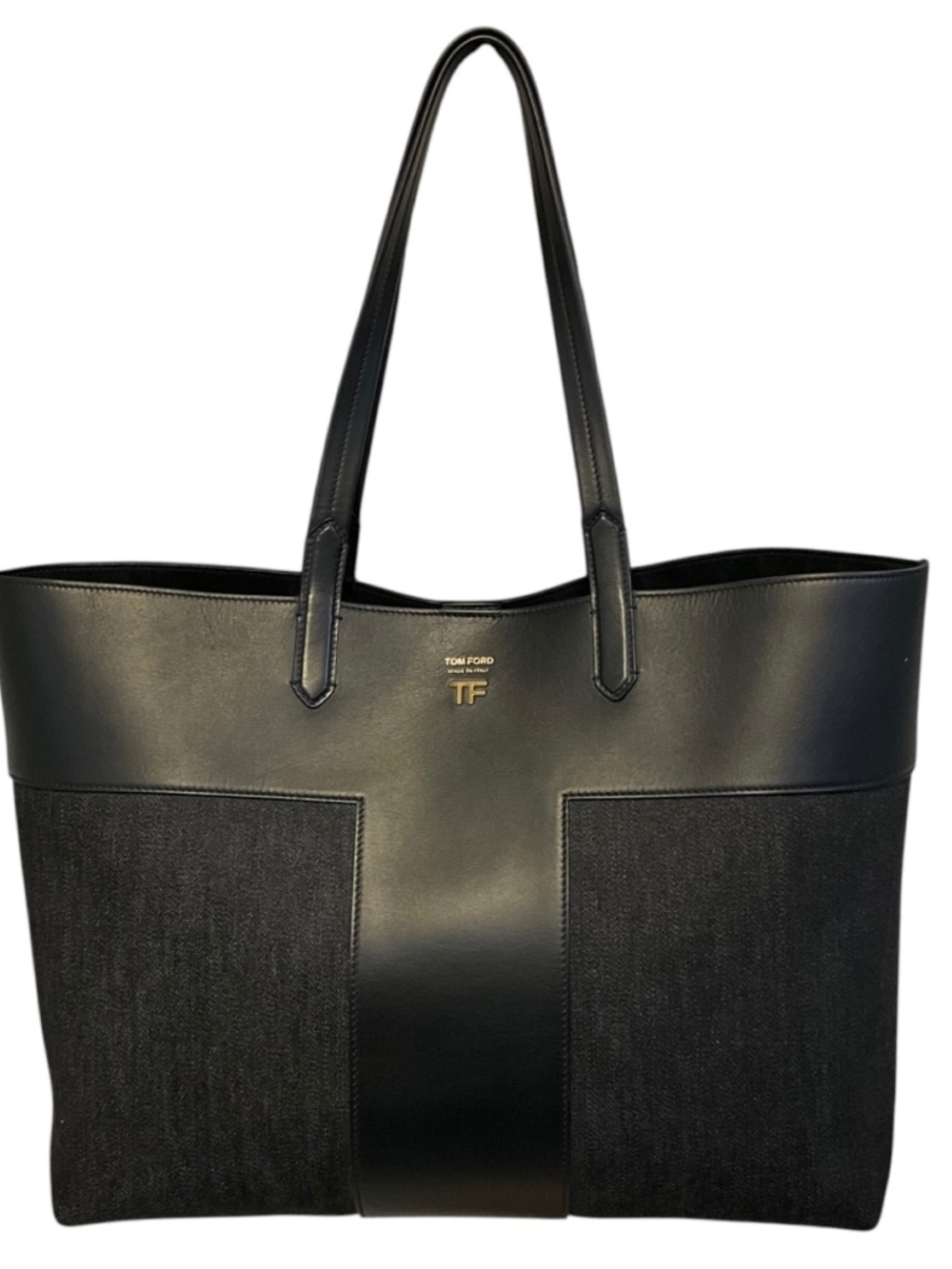 TOD'S BLACK DENIM AND LEATHER DOUBLE TOP HANDLE TOTE HANDBAG